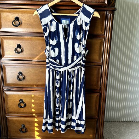Anthropologie Maeve Sennebec Blue Cream Jersey Flare Dress size M - Picture 4 of 16